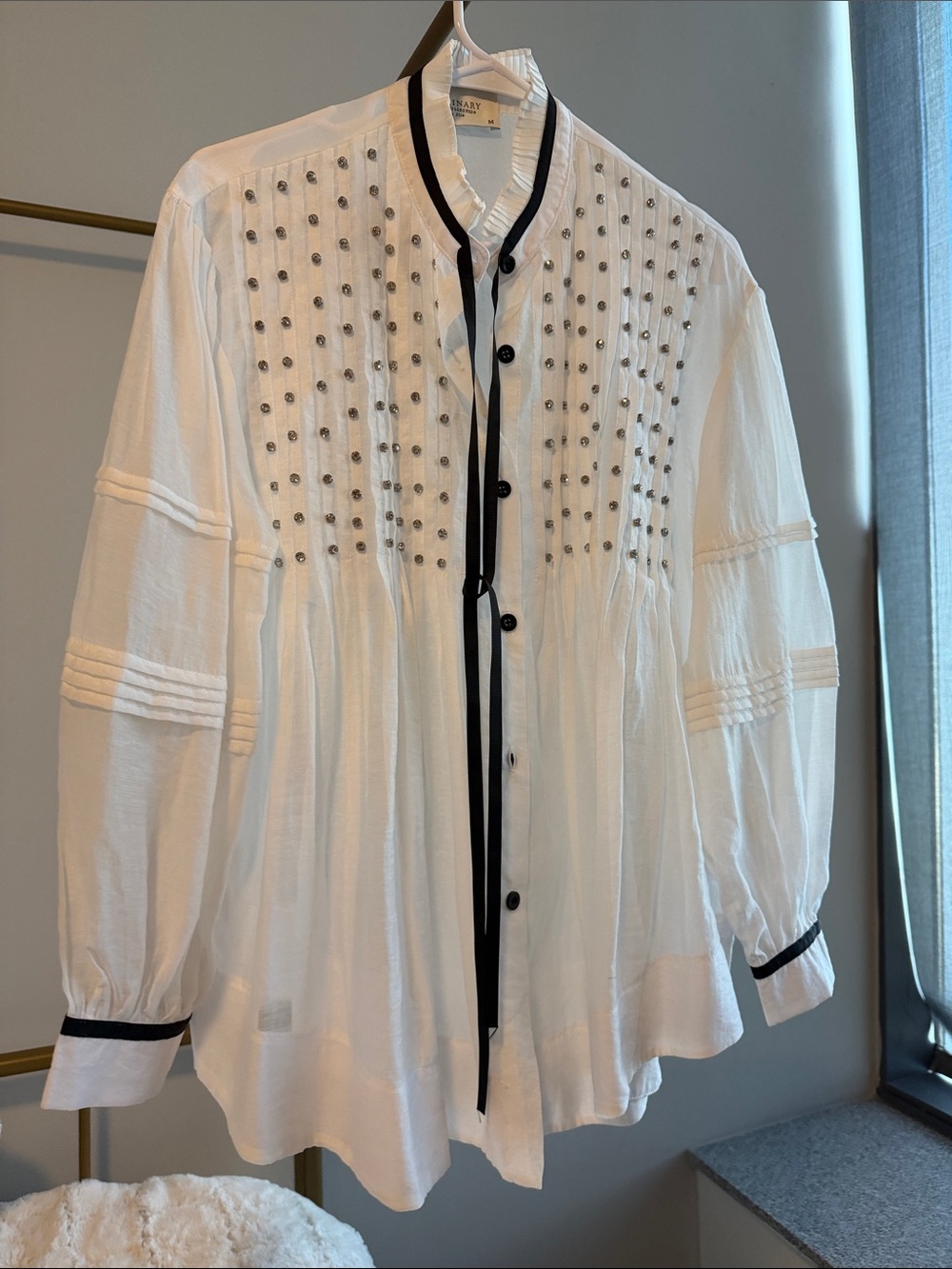 White Embellished Button-Down Shirt with Black Trim